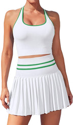 DAH 2-Piece Seamless Tennis Dress Set – High-Waisted Pleated Skirt & Colorblock Crop Top