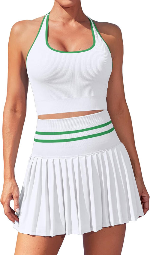 DAH 2-Piece Seamless Tennis Dress Set – High-Waisted Pleated Skirt & Colorblock Crop Top