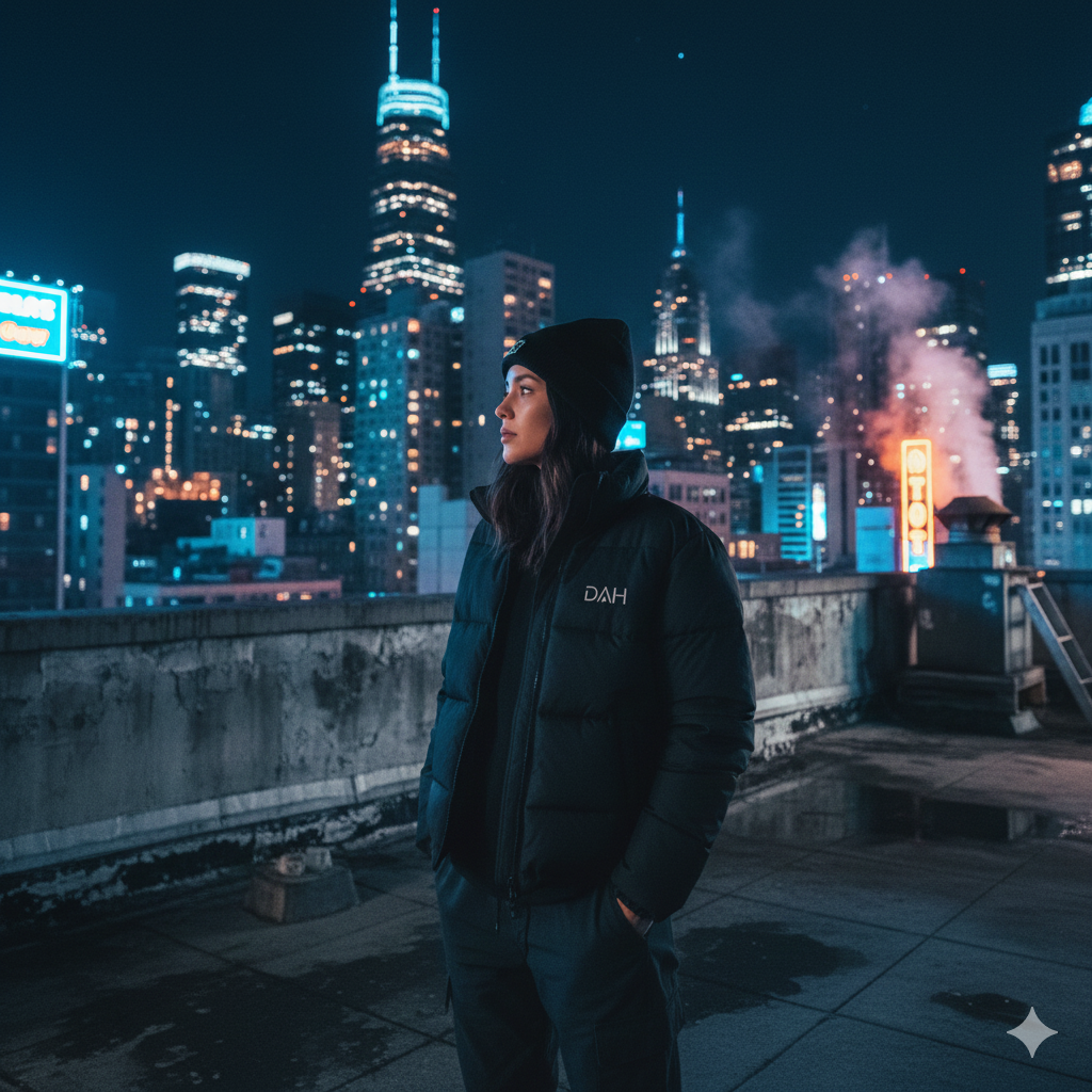 Person standing on a rooftop at night with city skyline in the background