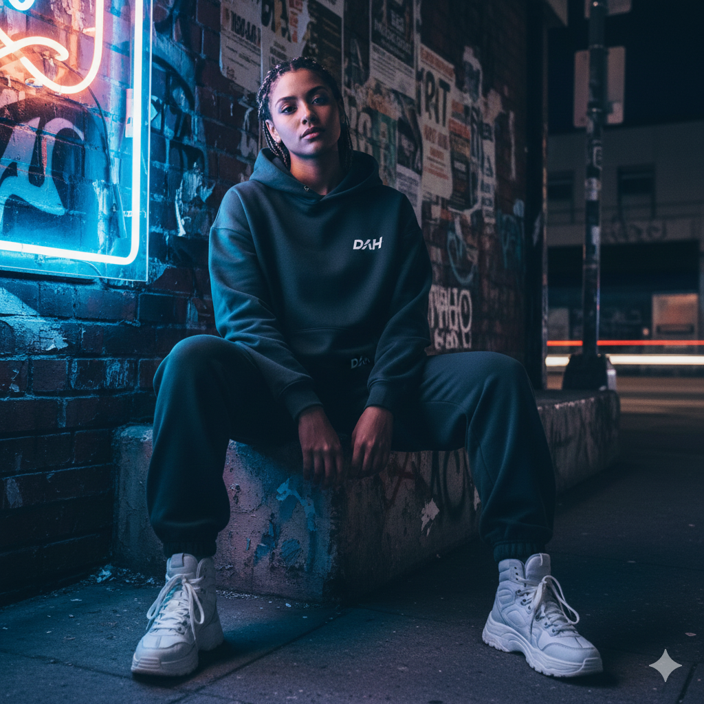 Person wearing a hoodie with 'DAH' logo sitting against a graffiti-covered wall at night.