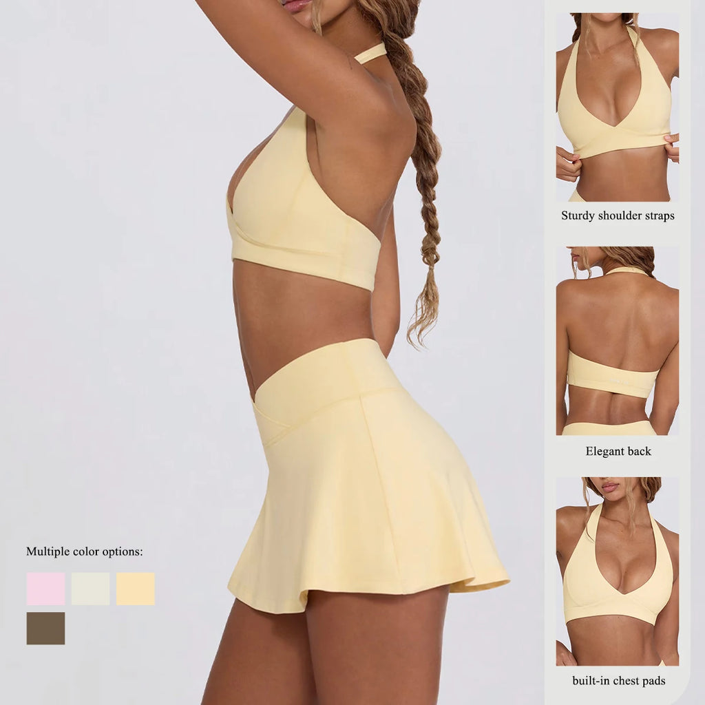 DAH Women’s Tennis Skirt & High-Elastic Bra Set — Padded Sportswear 2-Piece Golf & Fitness Outfit