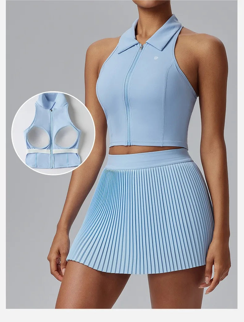 DAH Plus Size Women’s Tennis Sports Set — Polo, High-Impact Bra & Pleated Skirt with Shorts