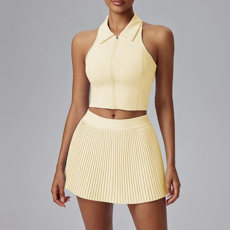 DAH Plus Size Women’s Tennis Sports Set — Polo, High-Impact Bra & Pleated Skirt with Shorts