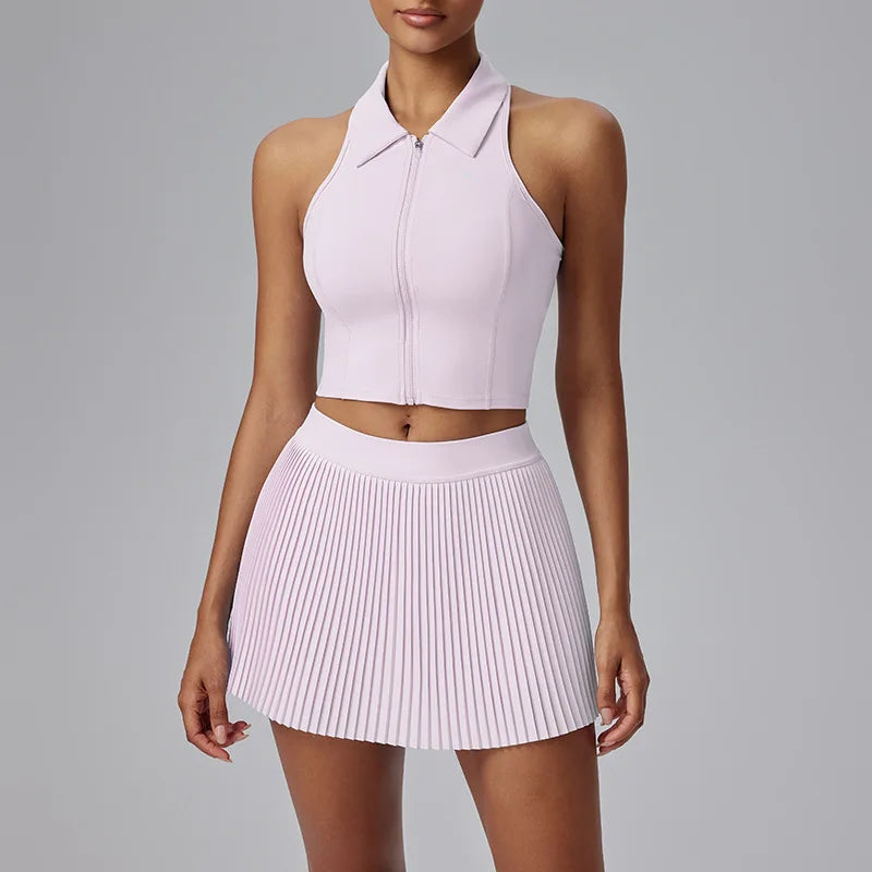 DAH Plus Size Women’s Tennis Sports Set — Polo, High-Impact Bra & Pleated Skirt with Shorts